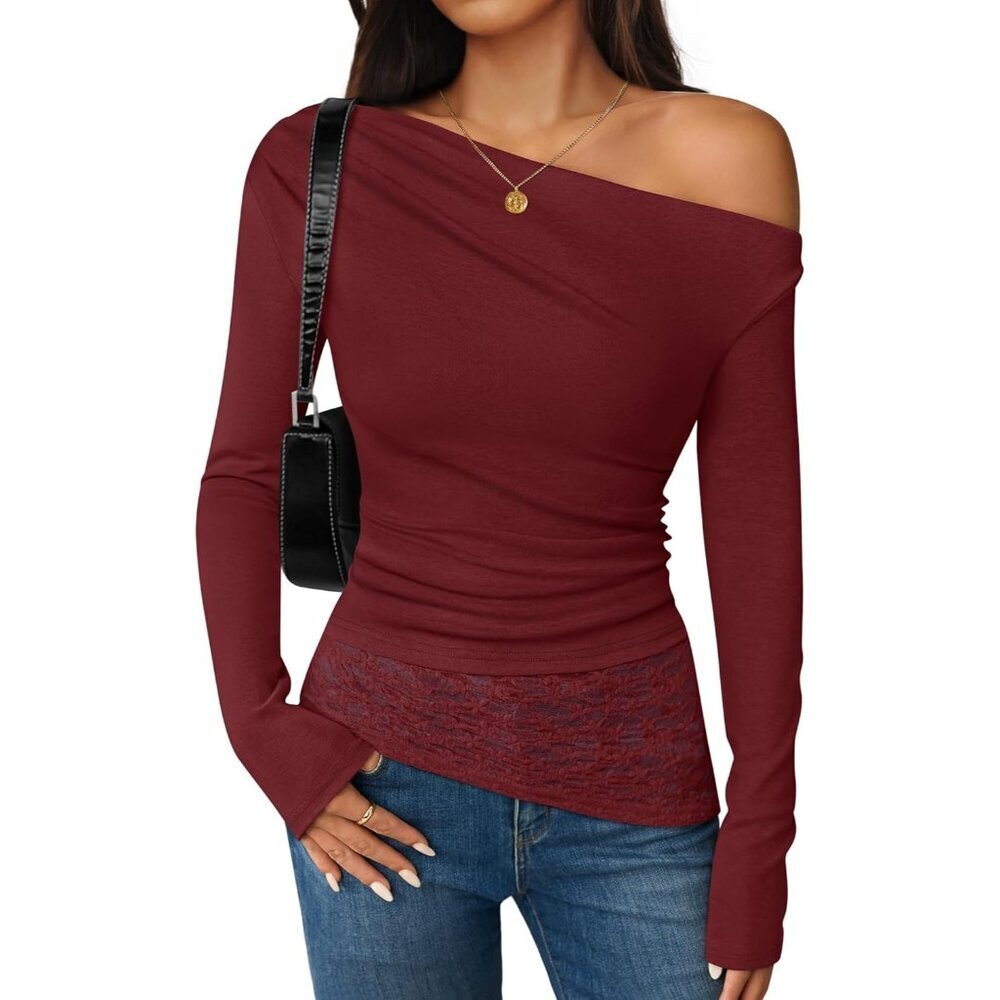 Women's Off Shoulder Wine Long Sleeve Top Casual Lace Slim Fit Fall Y2K Blouse